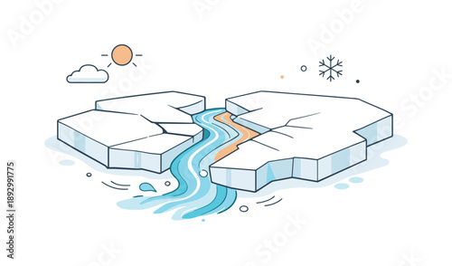 Cracking Ice Transition. Ice cracking and water flowing illustration. Minimal editorial scene showing ice surface breaking into clean geometric cracks, water