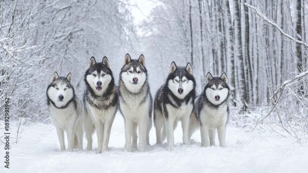 Fototapeta premium Five huskies stand in a snow-covered forest, facing the camera with fluffy coats and snow on their noses. Concept Huskies, Snowy forest, Winter portrait, Snowy noses, Fluffy coats