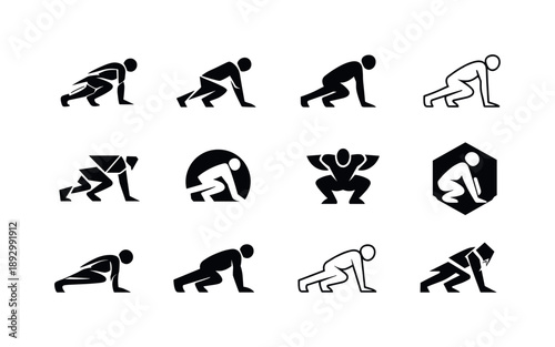 Dynamic Fitness Icons. HIIT workout. Icon set. Set Logo of HIIT workout: human figure doing burpee. harmonious logo variations of the same emblematic concept,