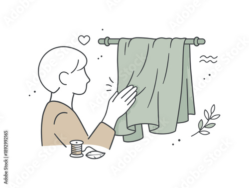 Linen Texture Display. Linen fabric textures. A person gently touching a piece of linen fabric hanging from a rod, capturing tactile detail, softness, and