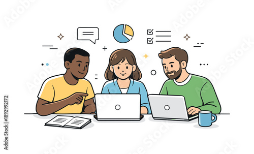 Teamwork Collaboration Illustration. Office teamwork collaboration. Team members sitting with laptops, calmly reviewing information together. Focused work and