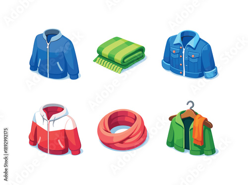 Isometric Clothing Icons. Light Jackets And Scarves. Isometric flat vector icons set of Light Jackets And Scarves: lightweight zip jacket, folded spring scarf,