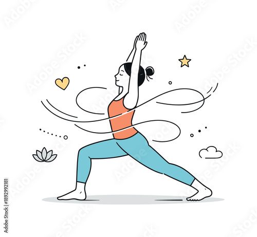 Yoga's Calming Flow. Emotional healing through yoga. A person practices slow standing poses, releasing tension with controlled movement and breath. Calm