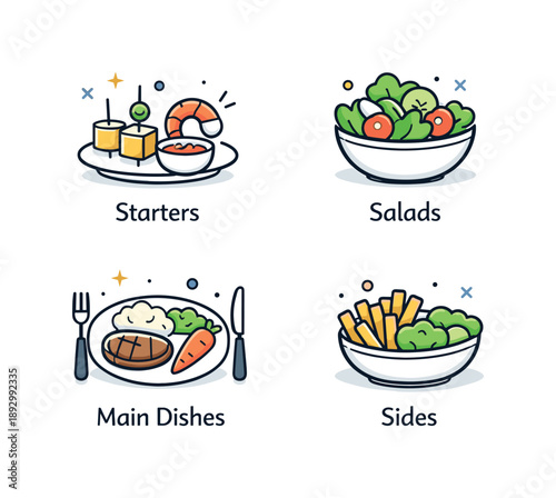 Minimalist Food Icons. Food category icon pack. Icons for starters, salads, main dishes, and sides displayed with clear shapes and consistent style. Friendly,