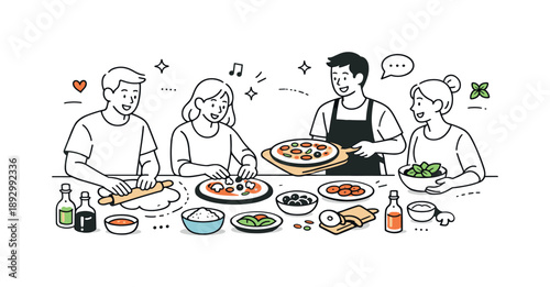 Homemade Pizza Gathering. Homemade pizza night. People gathered around a table preparing pizza together, dough, toppings, and baking tools neatly arranged,