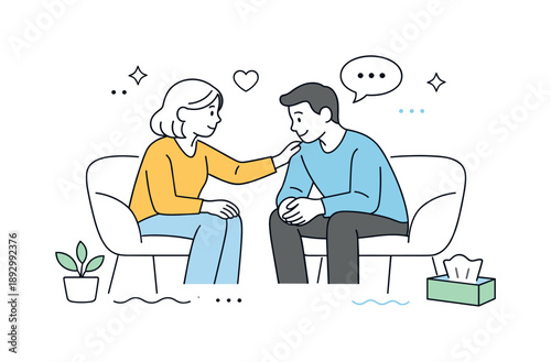 Calm Supportive Conversation. Psychological support session. A calm one-on-one talk focused on listening and reassurance. Emotional safety and supportive