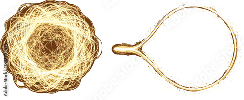 Vector illustration of two golden light trail patterns showing contrast between dense circular swirl and smooth teardrop shape