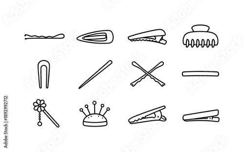 Hair Accessories Icons. Hair accessories. Line icon set of Hair accessories: bobby pin, snap barrette, hair clip, claw clip, hair fork, hair stick, crossed