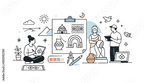 Heritage Meets Modern Design. Minimal cultural heritage in design scene. Abstract representation of traditional symbols integrated into modern design sketches,