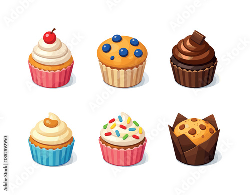 Colorful Cupcake Grid. Cupcakes and muffins. Isometric flat vector icons set of cupcakes and muffins: frosted cupcake, blueberry muffin, chocolate cupcake,