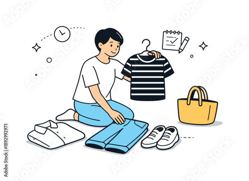 Morning Outfit Selection. Setting out clothes for the morning routine. A relaxed evening moment showing a person thoughtfully choosing an outfit and laying it