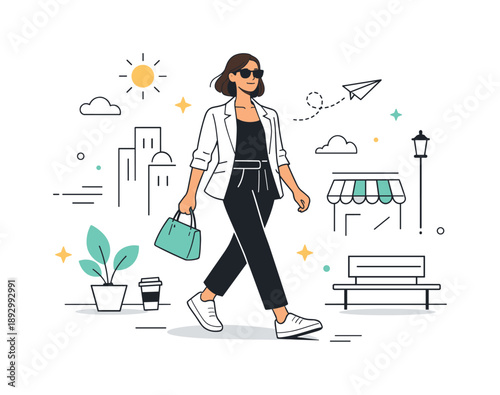 Urban Chic Elegance. Chic outfits. A confident character walking through an abstract city space, wearing a well-balanced modern look. The mood reflects