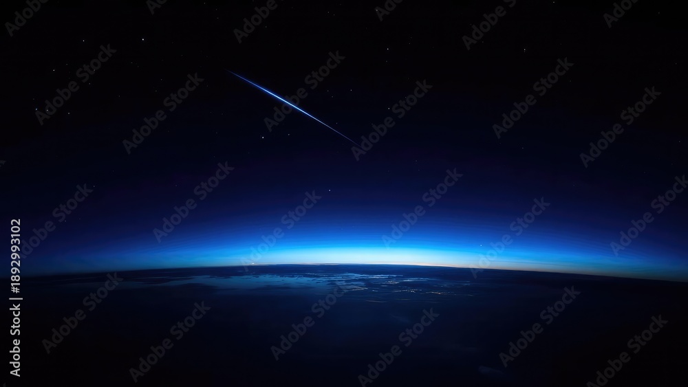 Fototapeta premium Earth’s curved horizon seen from space at dawn, a blue atmospheric glow along the limb, and a bright shooting-star streak across the sky. Concept Earth from space at dawn, Curved horizon of Earth