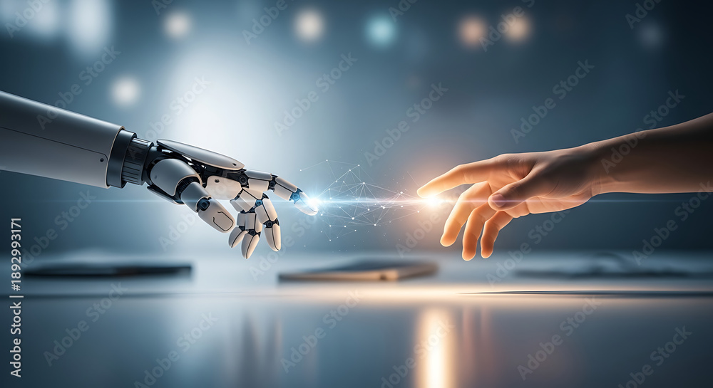 Fototapeta premium A gleaming robotic hand gently touches a human hand with a luminous digital connection, symbolizing advanced artificial intelligence and future collaboration.