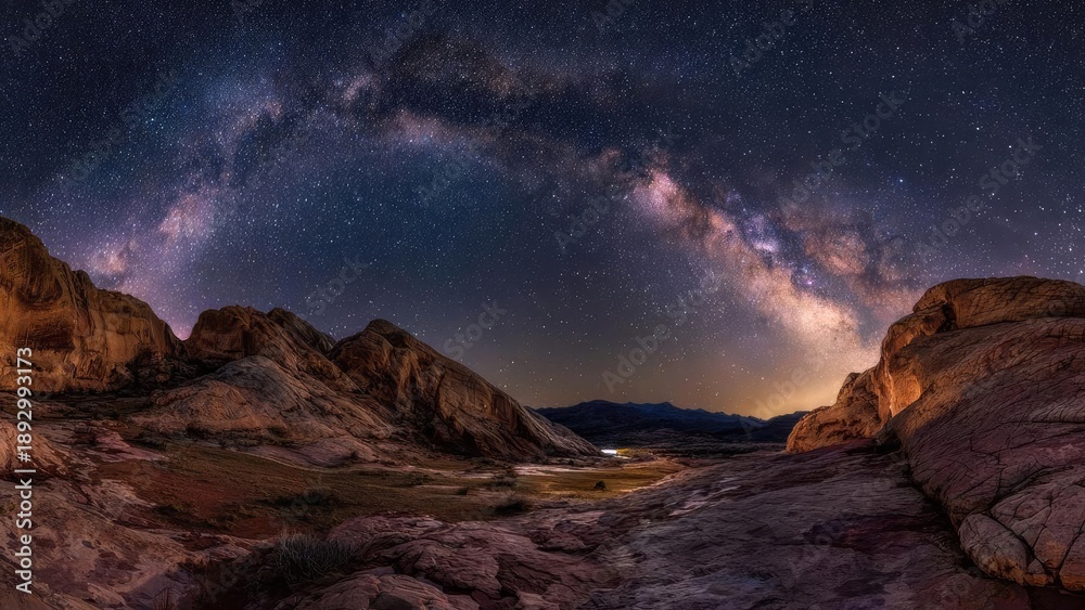 Fototapeta premium Milky Way arching across a star-filled night sky over a rugged desert valley with distant mountains. Concept Milky Way over rugged desert valley, Star-filled night sky photography