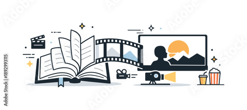 Storytelling Evolution Visualization. Book-to-film adaptation concept. A book transforming into a movie screen, pages gently turning into frames. The scene