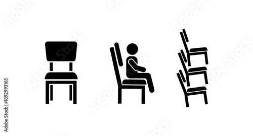 Simple icons of chairs: empty, occupied by a person, and stacked for storage