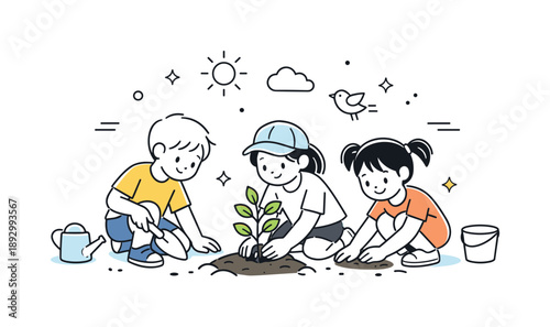 Kids Planting Trees. Children planting trees. Kids working together to place a small sapling in the soil, gentle teamwork and care for nature. Minimalist flat