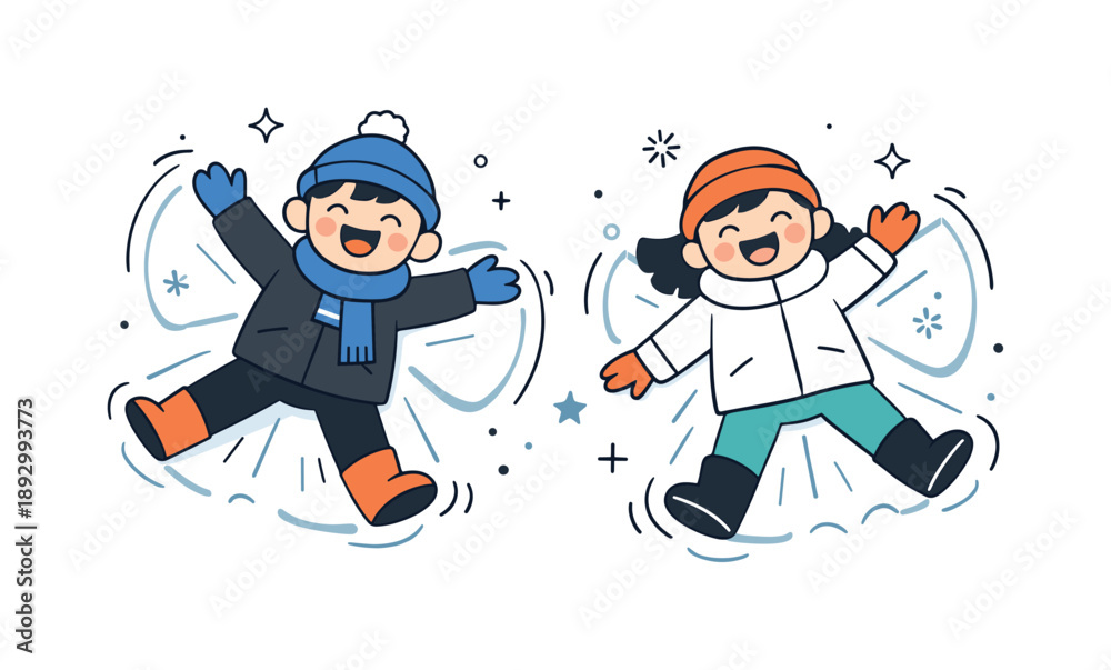 Fototapeta premium Winter Snow Angels Fun. Kids making snow angels winter play. Kids laughing and waving while lying in the snow. Pure excitement and spontaneous seasonal