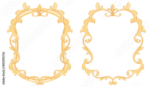 Watercolor baroque elements, frames. Elements for decor, the Middle Ages. Antiquity. Golden luxurious frames. Watercolor baroque border, Vintage Gold frame, Vintage Victorian frame. Wedding decor.