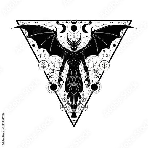 Illustration of mystical female bat creature in triangle with astrology symbols.