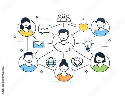 Minimal Network Community. Minimal online network scene. Simple avatars connected by icons and lines, symbolizing community, communication, and shared values.
