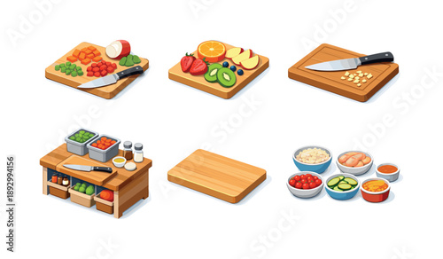 Colorful Food Prep Icons. Food Prep. Isometric flat vector icons set of Food Prep: chopping vegetables board, sliced fruit board, chef knife on board, prep