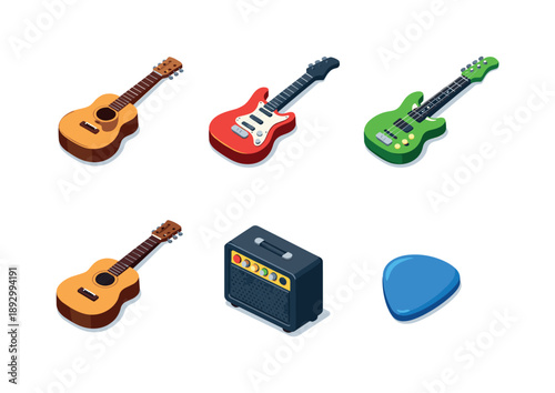 Guitar Icon Grid. Guitar. Isometric flat vector icons set of guitar: acoustic guitar, electric guitar, bass guitar, classical guitar, guitar amplifier, guitar