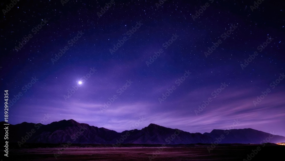 Fototapeta premium Star-filled night sky above a dark mountain range, with a purple glow and a bright planet visible. Concept Starry Night Sky, Purple Glow, Mountain Silhouette, Bright Planet, Night Sky Photography