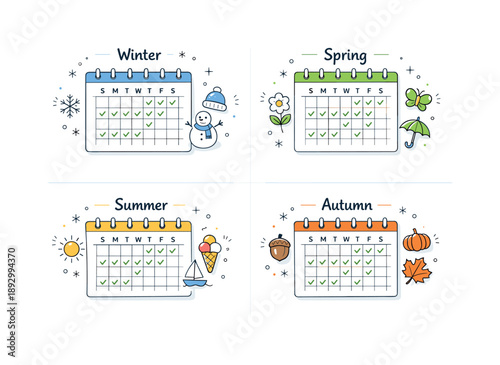 Minimal Seasonal Calendar. Seasonal calendar templates. A flat lay composition with calendar pages, simple seasonal symbols and checkmarks, structured and