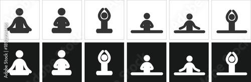 Yoga Meditation Silhouette Icon Set Featuring Mindfulness Seated Asanas, Lotus Pose, Prayer Hand Mudras, and Zen Relaxation Positions for Spiritual Wellness, Mental Health, and Holistic Lifestyle.