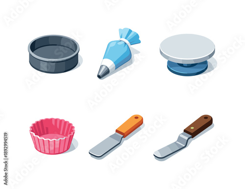 Isometric Baking Tools. Cake Baking. Isometric flat vector icons set of cake baking: cake pan, piping bag, icing spatula, cake turntable, cupcake liner, offset