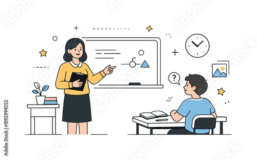 Focused Classroom Scene. Teacher student classroom scene. A simple classroom moment where a teacher stands near a board while a student listens attentively.