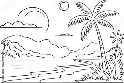 A serene beach landscape with palm trees swaying gently in the wind, a mountainous background, and a beautiful sunrise