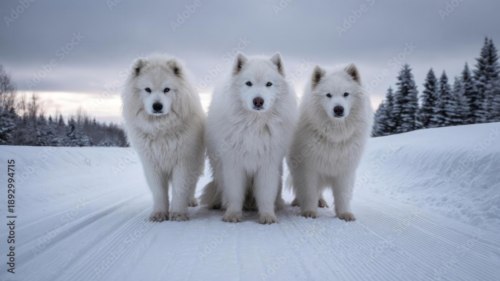 Fototapeta premium Three fluffy white dogs stand on a snow-covered road, facing the camera with a frosty forest backdrop. Concept Fluffy white dogs, Snowy road, Winter portrait, Frosty forest backdrop