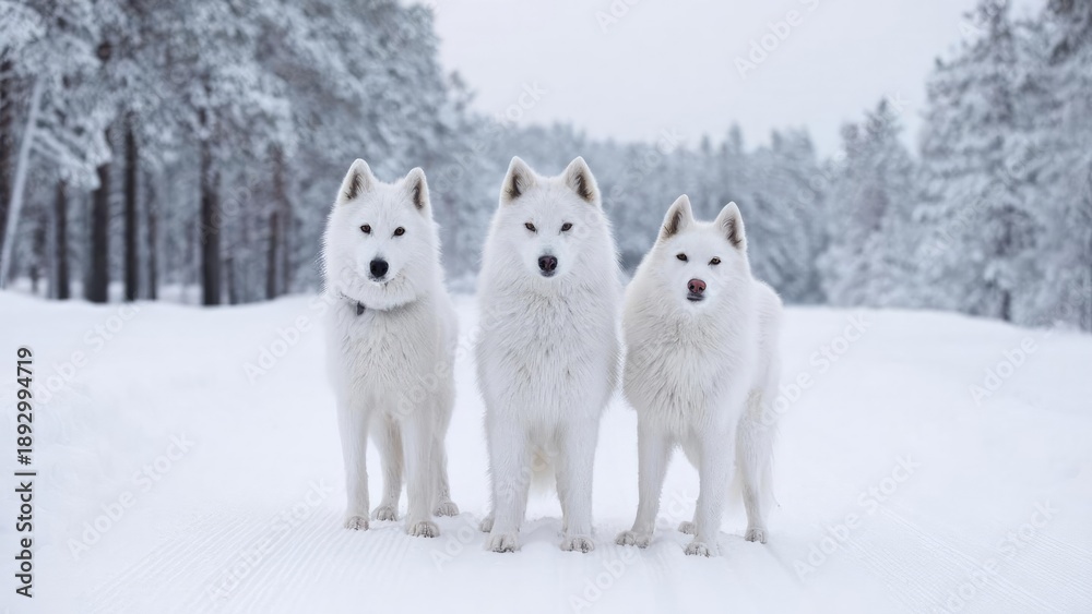 Fototapeta premium Three white fluffy dogs standing in a snow-covered forest. Concept Three white fluffy dogs, Snow-covered forest, Winter outdoor portrait, Playful canine trio, Serene woodland atmosphere
