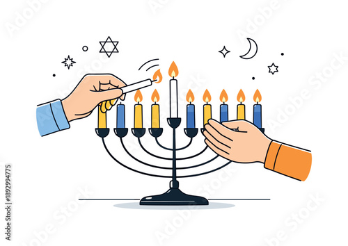 Menorah Lighting Ceremony. People lighting menorah ritual. Hands holding a candle near the menorah, focused attention and peaceful ceremonial mood. Minimalist