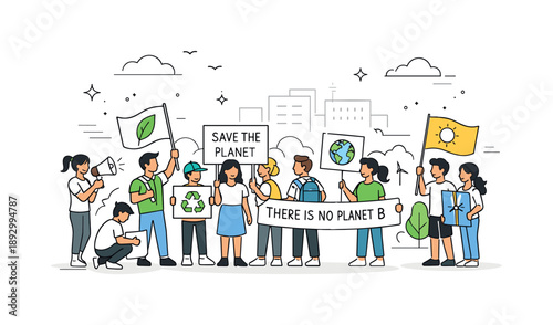 Eco Activism Gathering. Eco activism march gathering. Small crowd assembling in an open urban space with banners and flags, organized action and respectful