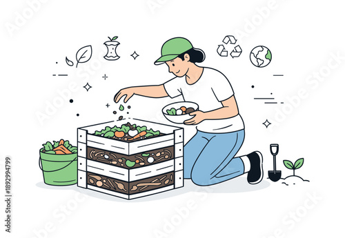 Mindful Composting Process. Advanced composting techniques. A person carefully layering organic waste in a structured compost bin, calm focus on process and