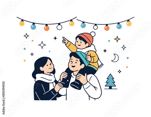 Joyful Holiday Lights. Family looking at holiday lights together. Adults lifting a child to see lights higher up, gentle smiles and quiet interaction. Care,