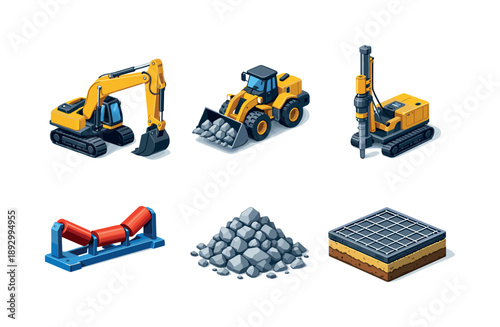Industrial Excavation Icons. Industrial Excavation. Isometric flat vector icons set of Industrial Excavation: tracked excavator arm, wheel loader scooping ore,