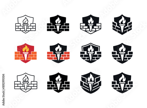 Defensive Idea Icons. Defending an idea or belief with determination. Icon set. Set Logo of defending an idea or belief with determination: wall of conviction