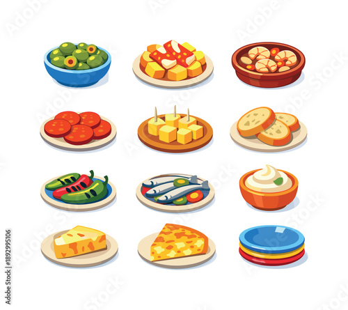 Colorful Tapas Icons. Tapas Plates. Colorful flat vector icons set of Tapas Plates: olives bowl, patatas bravas, croquettes, garlic shrimp, sliced chorizo,