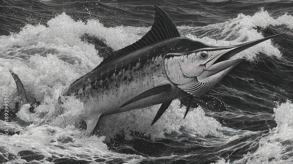 Fototapeta premium Striking marlin leaping from ocean waves in monochrome illustration