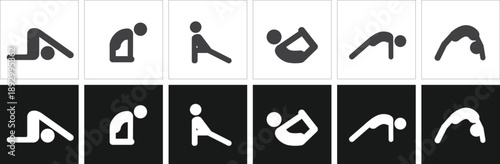 Yoga Pose Silhouette Icon Set Featuring Mindfulness Meditation Asanas, Fitness Stretching Exercises, Physical Therapy, and Zen Flexibility Training for Holistic Wellness and Healthy Lifestyle
