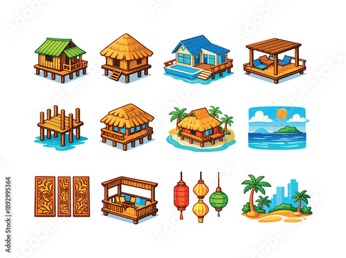 Tropical Architecture Icons. Tropical Architecture. Colorful isometric vector icons set of Tropical Architecture: bamboo house, thatched roof hut, seaside