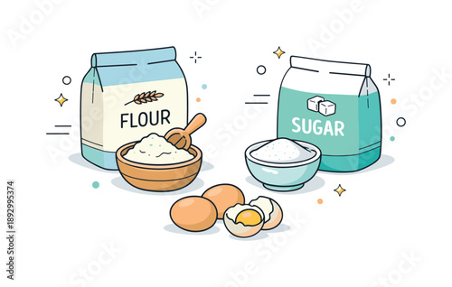 Baking Essentials Flat Lay. Flour sugar eggs flat lay. A clean overhead view of flour, sugar, and eggs arranged neatly on a kitchen surface. Calm baking
