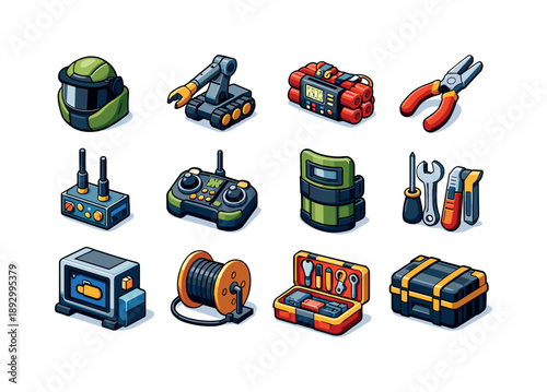 Bomb Disposal Icon Set. Bomb disposal. Colorful isometric vector icons set of bomb disposal: bomb suit helmet, robot arm, explosive device icon, pliers, signal