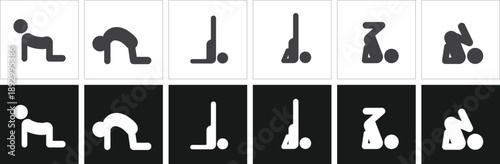 Yoga Poses Icon Set Featuring Silhouettes of Various Asanas Including Cat-Cow Stretch, Shoulder Stand, and Inversion Movements for Fitness, Wellness, Flexibility Training, and Mindfulness Meditation