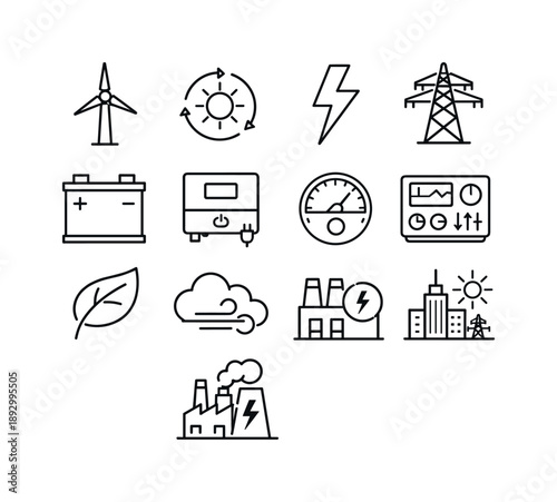 Wind Energy Icons. Wind Energy. Line icon set of Wind Energy: wind turbine, renewable energy symbol, lightning bolt, power grid tower, battery storage,